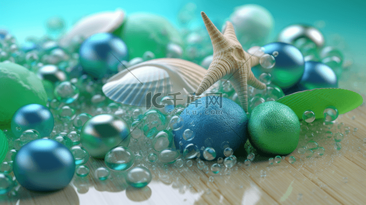 梦幻唯美蓝色和绿色的海贝壳和散落的珍珠3D图插画