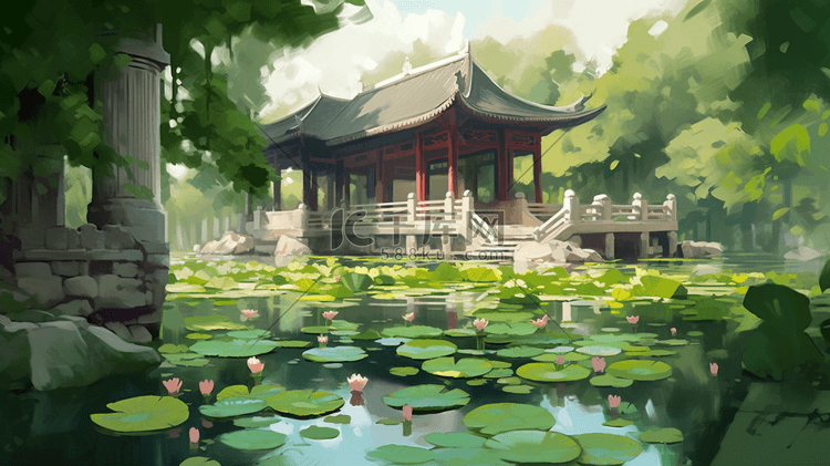 宁静的中国花园池塘和荷花插画
