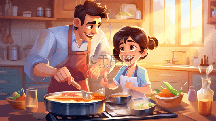 家庭煮饭厨房烹饪一家3口温馨场景