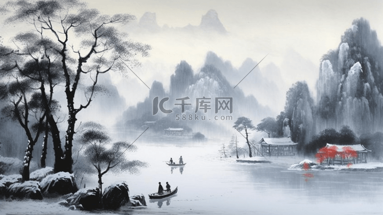 中国风山水画古风水墨图