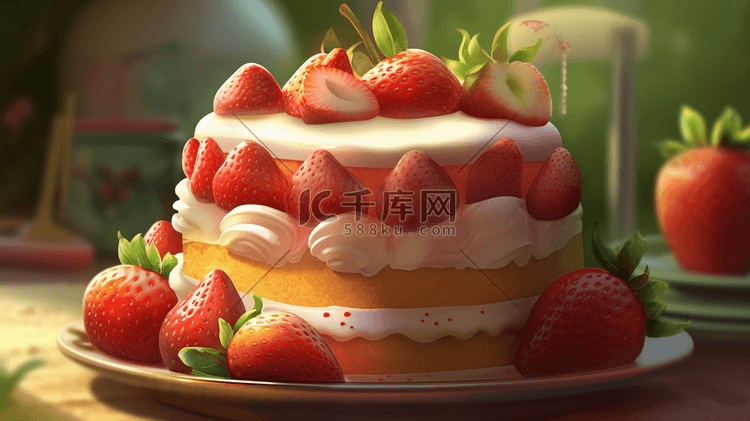 3D美味草莓蛋糕插画