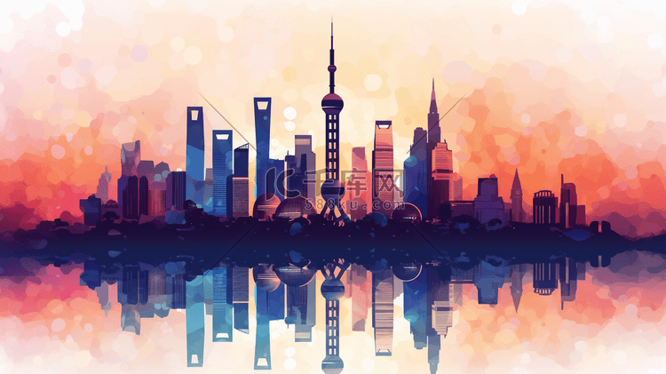 现代都市上海地标建筑摩登渐变插画