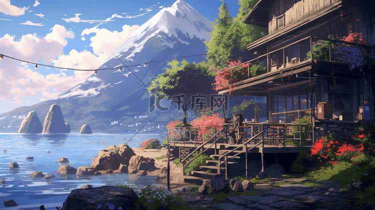 夏天夏季唯美景色插画海边小屋