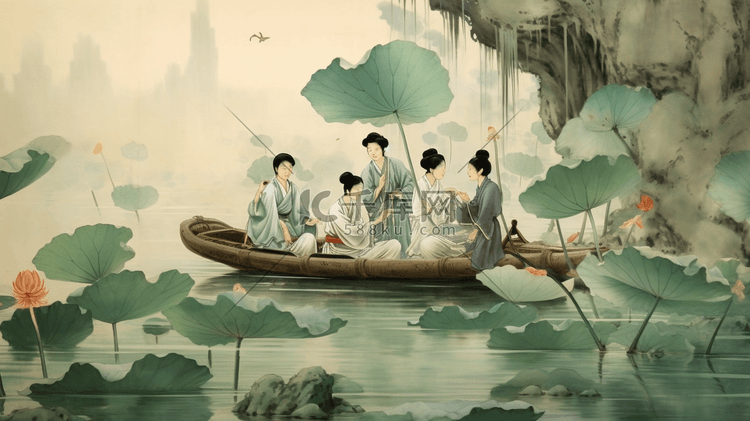 中国风古风泛舟划船荷叶池塘插画图片 千库网