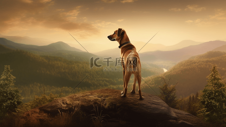 写实风森林山上站着一只狗