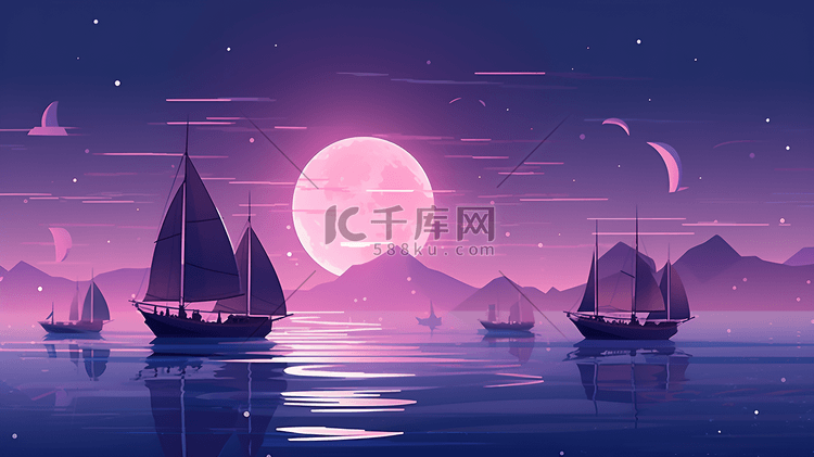 夜里紫色晚上船只月亮插画