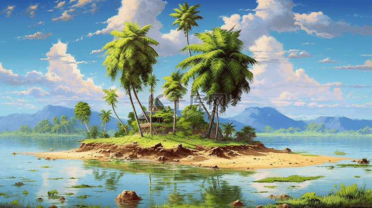 卡通绘画椰树海岛风光