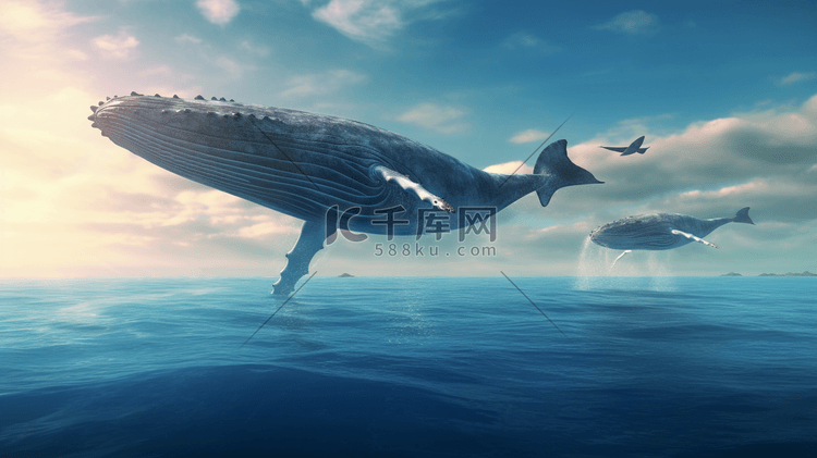 水鲸鱼飞出海面飞向天空广阔的蓝天