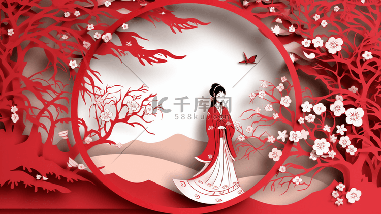 红色中国风古典建筑国潮剪纸