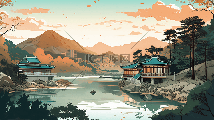 中国建筑风景山林插画图片 千库网