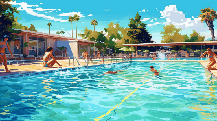彩色夏季泳池清凉插画