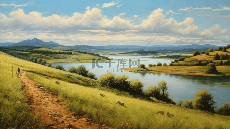 油画插画宁静的湖岸风景