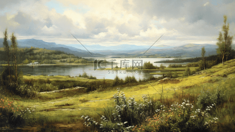 油画插画宁静的湖岸风景