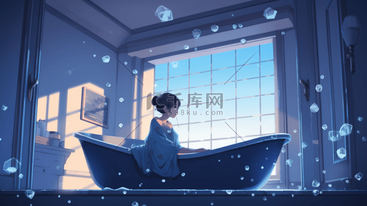 动漫风格蓝色浴室浴缸柔和数字艺术插画