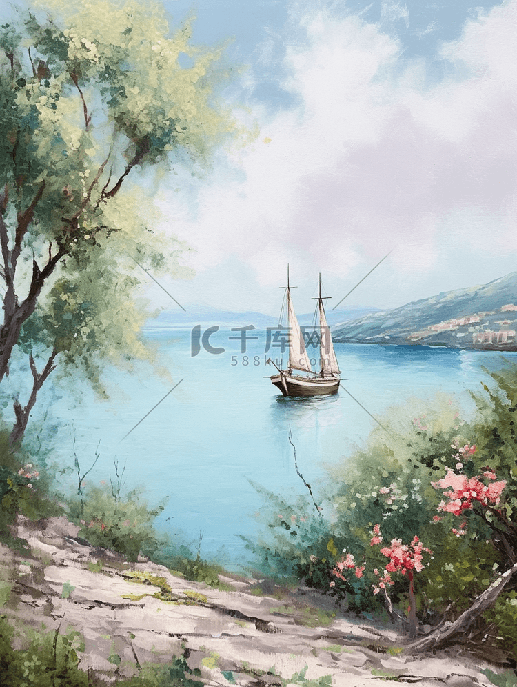 油画风插画风景湖中的帆船