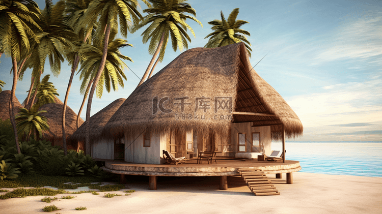 非洲风格海滩建筑与椰树