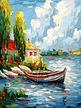 油画风插画风景河边的小船