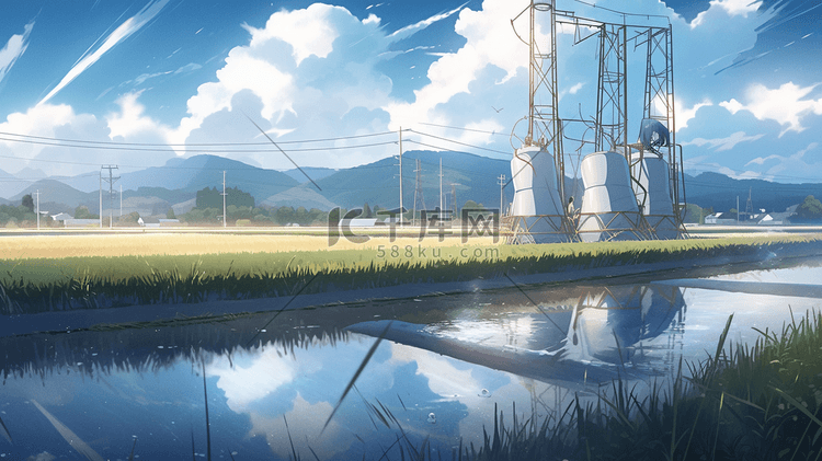 晴朗天空下的稻田插画