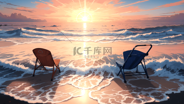 暑假蓝天沙滩海洋手绘插画