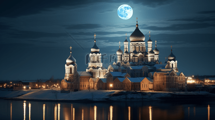 月亮照耀下的教堂与圣塔