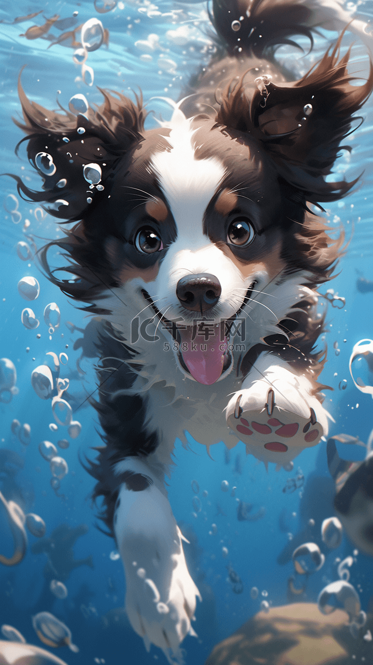 夏日宠物狗水下游泳插画