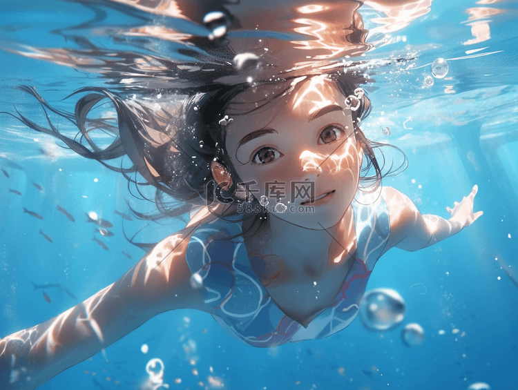 夏日女孩水下游泳插画