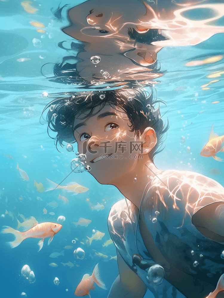 夏日男孩水下游泳插画