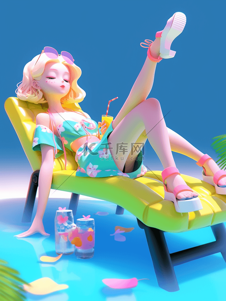 夏日多巴胺配色3D立体人物插画度假女孩