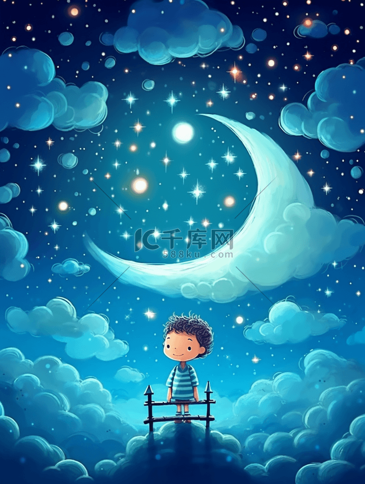 唯美可爱儿童卡通夜晚天空星云插画