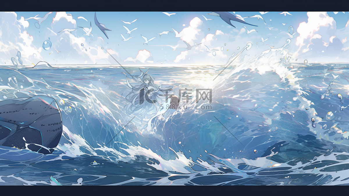 手绘蓝色大海波浪数字艺术插画图片-千库网
