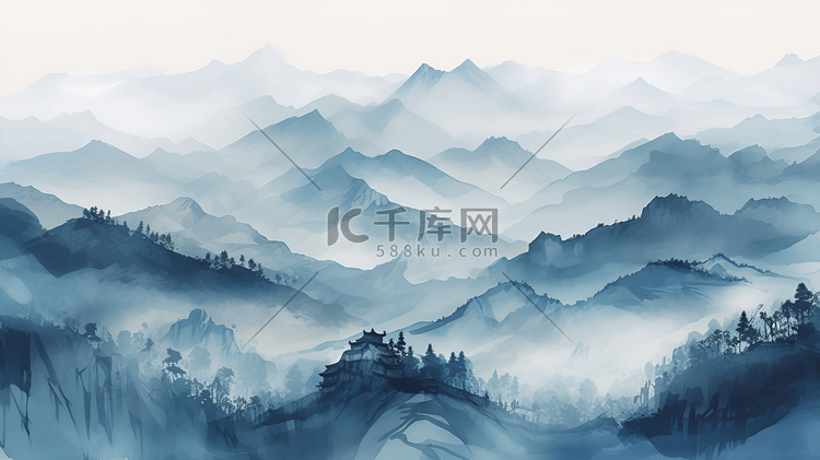 淡青绿色山水画美景