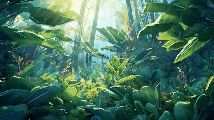 绿色唯美热带雨林植物插画