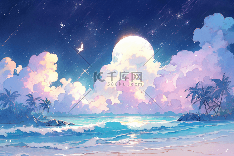 唯美沙滩夜景梦幻手绘插画大海