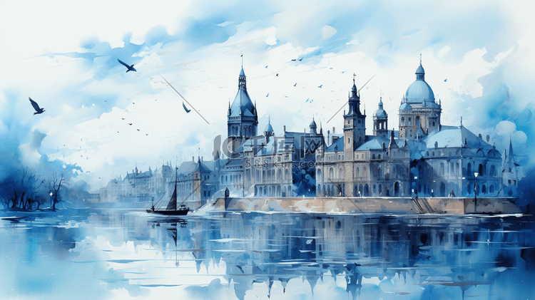蓝色水墨欧洲风光欧洲城堡