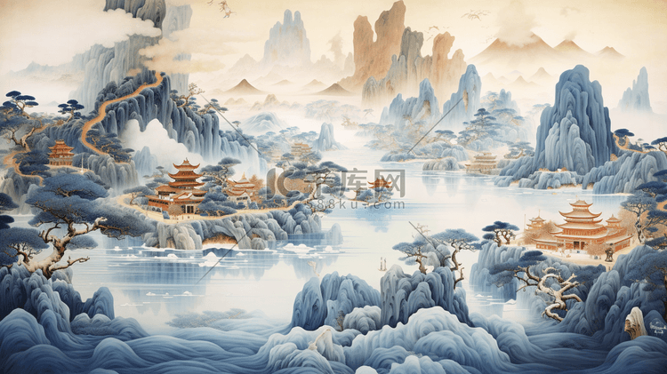 中国风梦幻云雾中的山风景插画