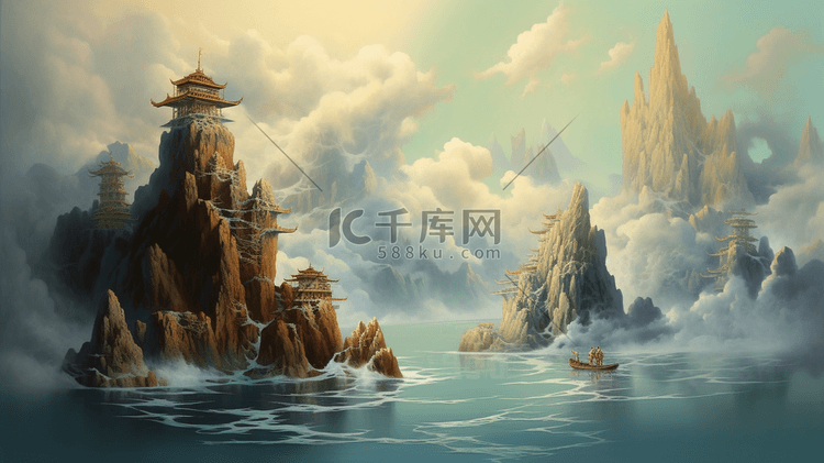 中国风梦幻神话海上仙山风景插画