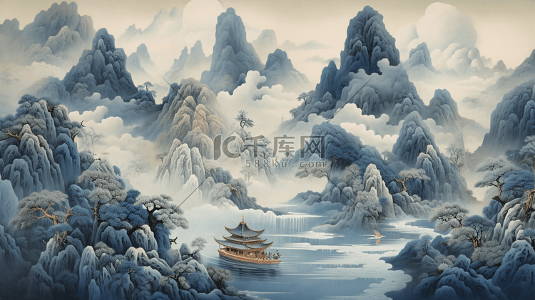 中国风梦幻山水建筑风景插画