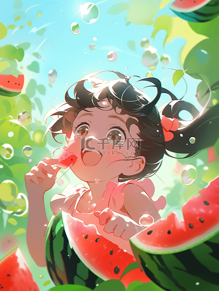 夏天夏季场景插画小孩吃西瓜