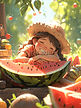 夏天夏季场景插画小女孩吃西瓜