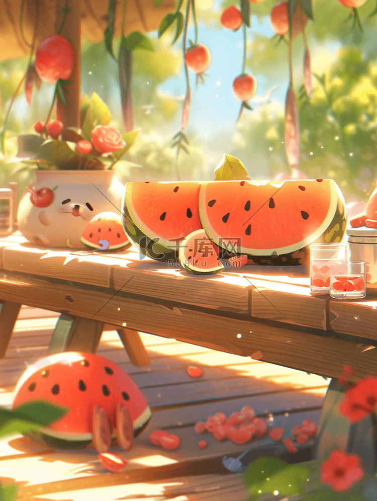 夏天夏季场景插画创意西瓜派对