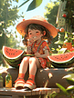 夏天夏季场景插画小女孩吃西瓜