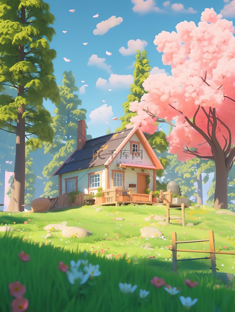 森林小房子树上开满粉红色的花