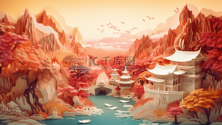 彩色中国风剪纸风山水建筑插画5