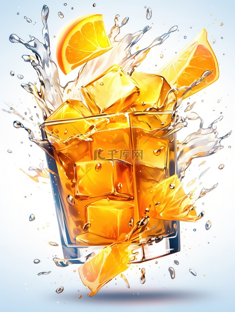 一杯带有冰块飞溅的橙汁插画17