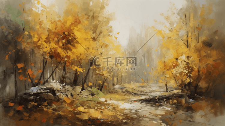 橙色秋季油画质感金黄色树林插画5