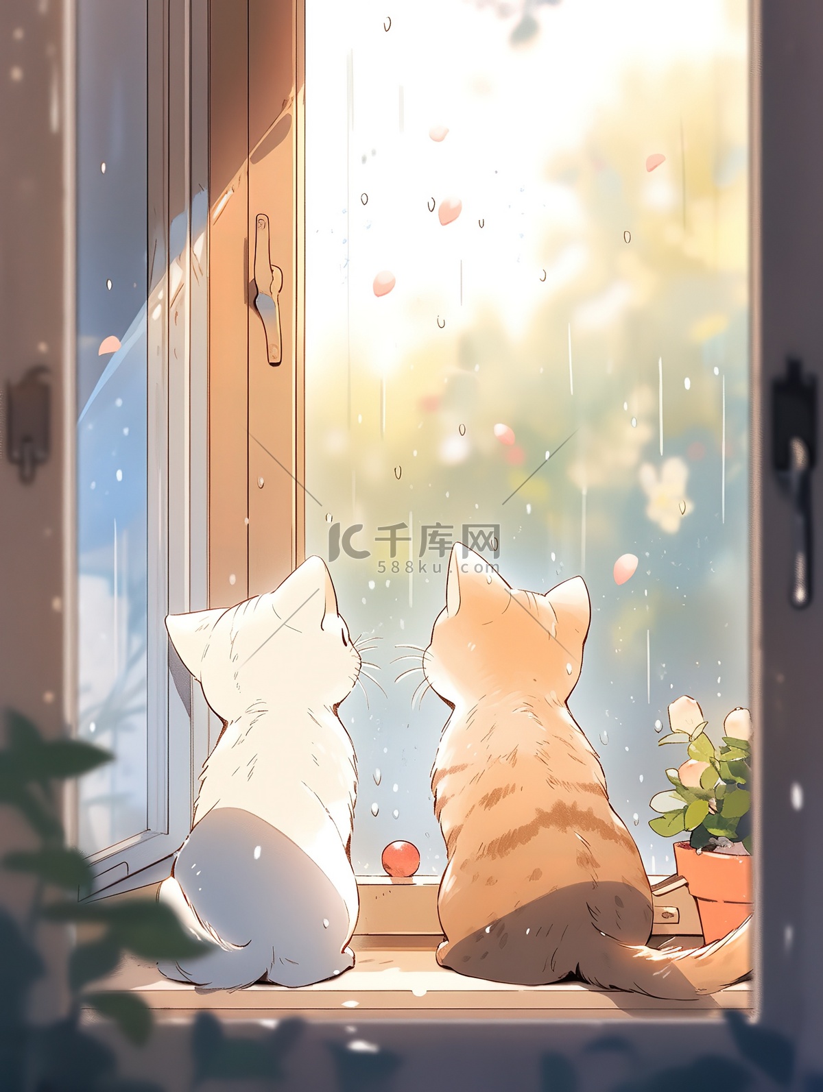 两只可爱的猫看着窗外治愈3插画图片-千库网