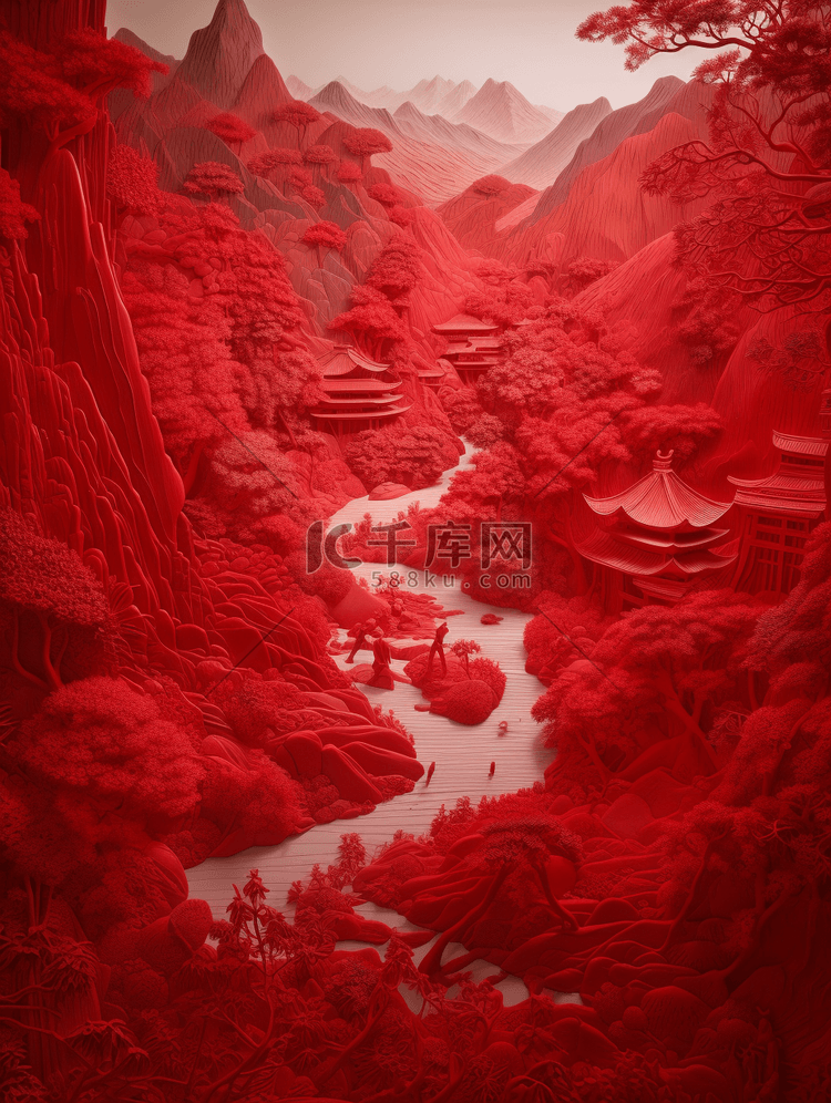红色中国风山水风景插画19