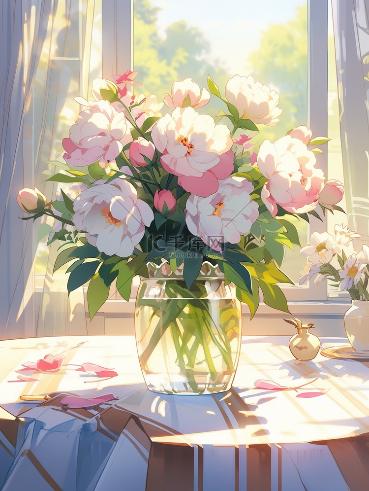 窗台前花瓶里的牡丹花插画15