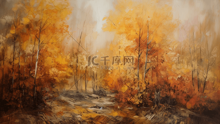 橙色秋季油画质感金黄色树林插画3