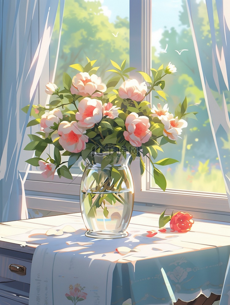 窗台前花瓶里的牡丹花插画2
